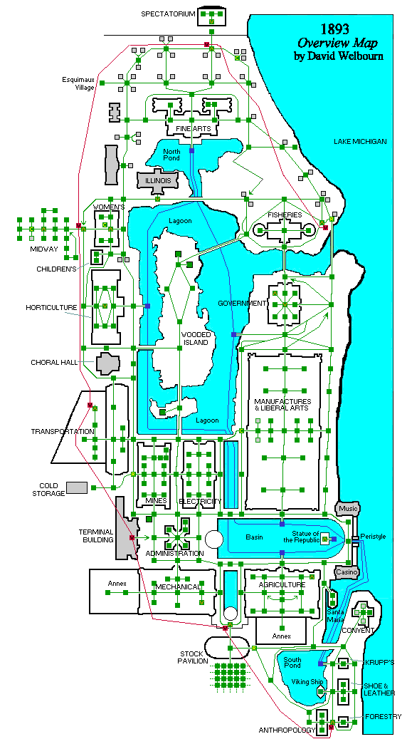 [This map shows the connections between the ground-level locations in the game 1893. Normal locations and connections are in green. Boat launches and ferry routes are in dark blue. Elevated train platforms and tracks are in red.]